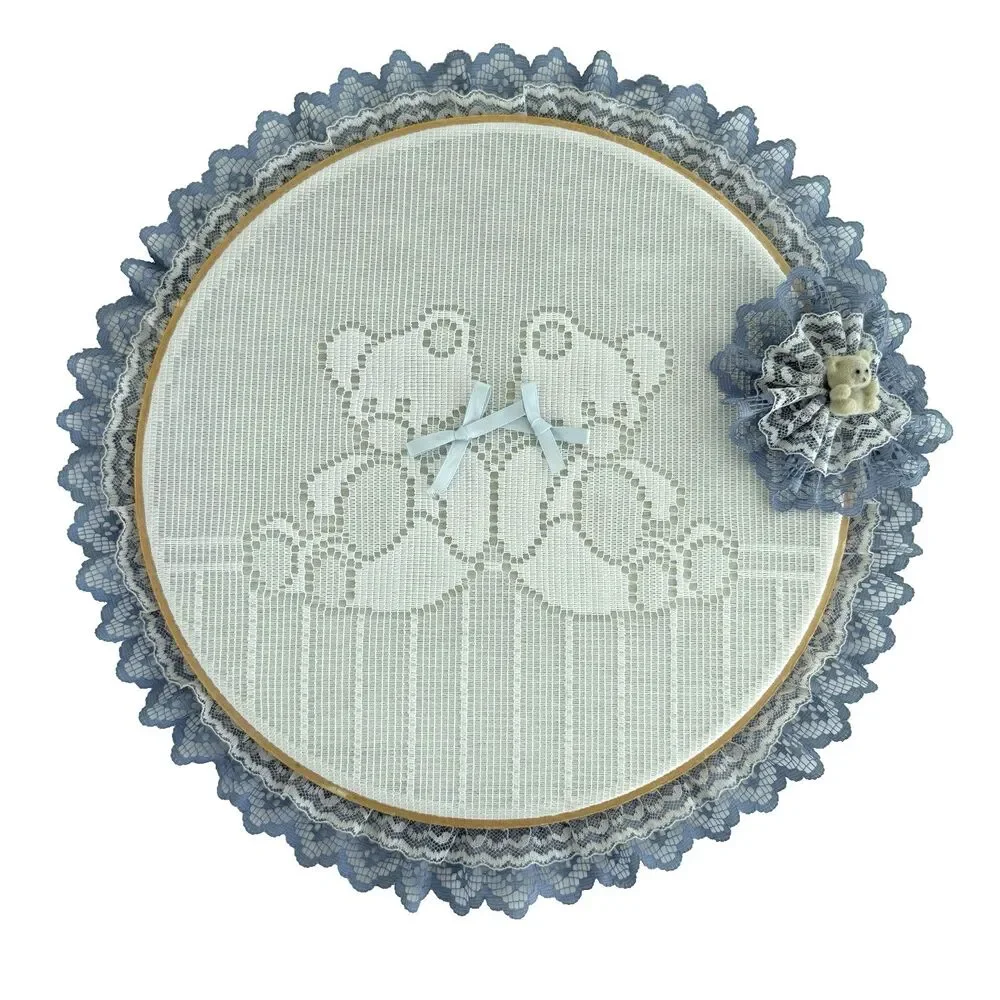 Vtg Teddy Bear Lace Hoop Wall Art Country Blue Cottagecore Kitsch Handmade 12 in